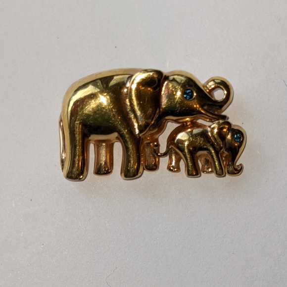 Krementz Polished Gold Tone Elephants Mama & Baby Blue Crystal Eyes Vintage - Picture 4 of 8